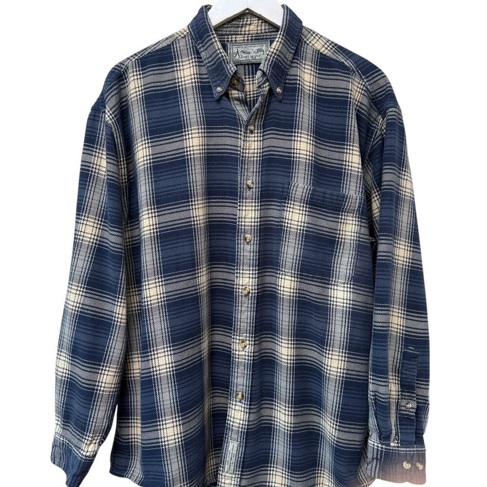 EAST ISLAND Mens Shirt Large Blue Plaid Vintage Rugged Long Sleeve Button Down